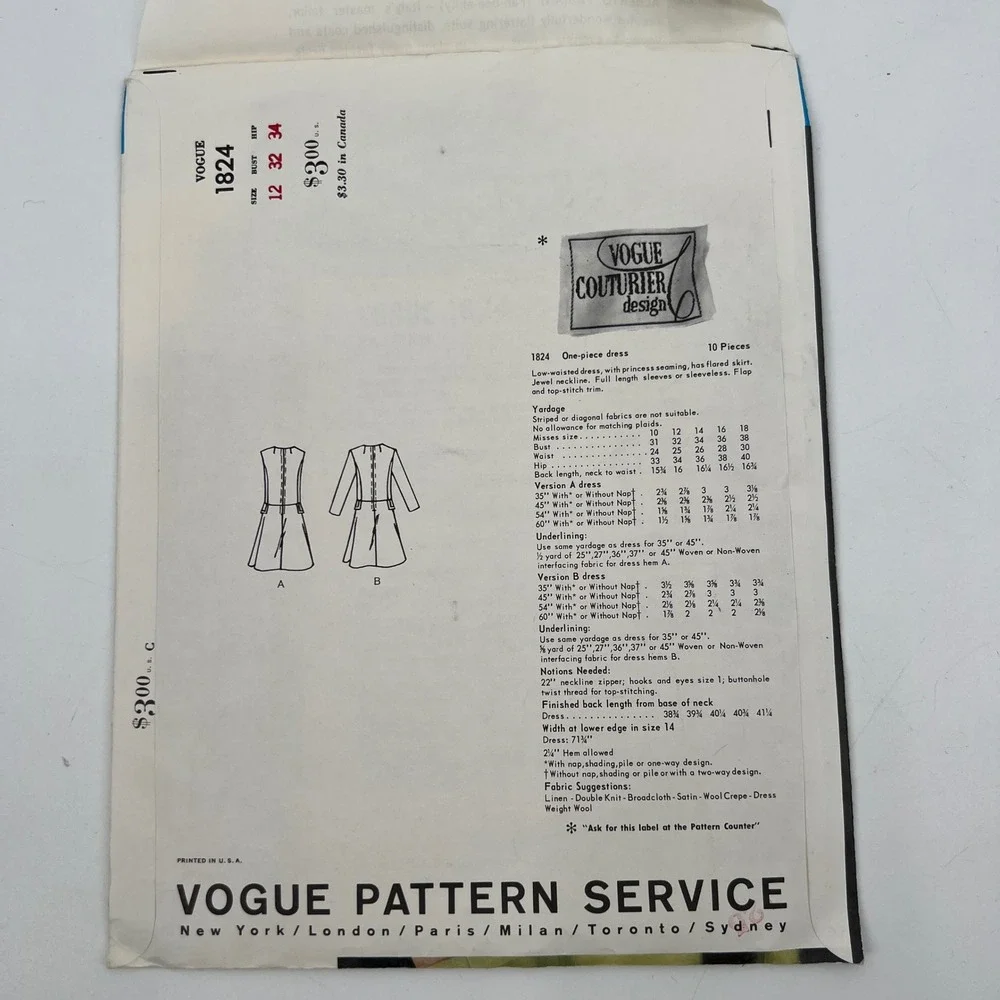 Vogue Couturier Design‎ 1824 Alberto Fabiani 60s Dress Pattern Size 12
